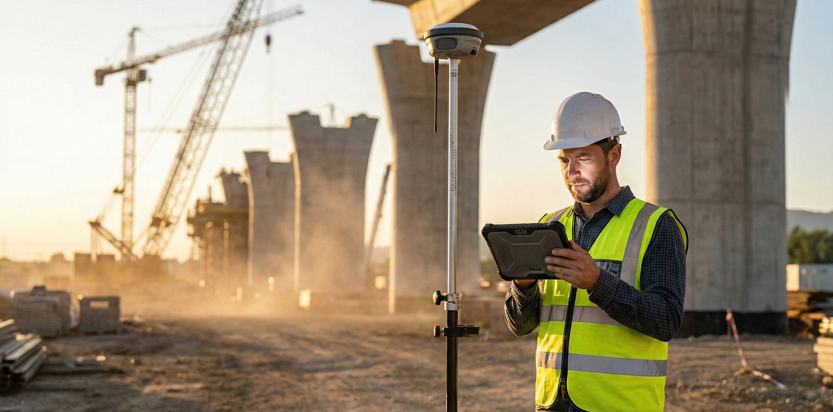 A focused civil engineer wearing safety gear intently analyzing real-time RTK performance metrics and data on a rugged field tablet, standing next to a high-precision GNSS rover pole on a large infrastructure construction site.