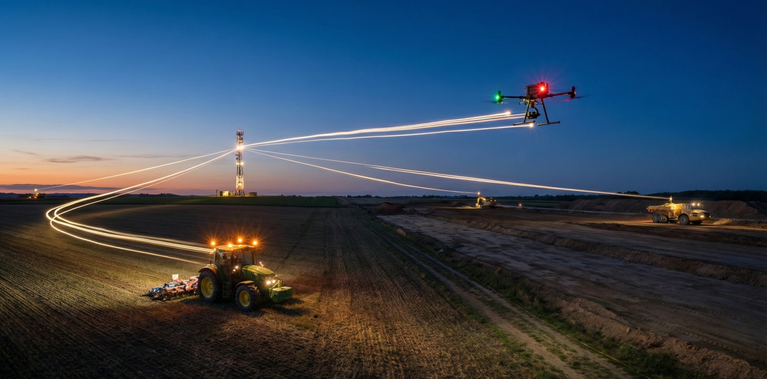 Cinematic long-exposure visualization of Network RTK connectivity at dusk, showing light streaks representing data streams connecting a distant cellular tower to a mixed fleet of autonomous tractors, survey drones, and construction machinery across a vast landscape