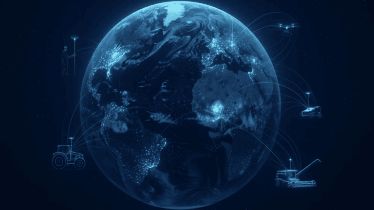 Earth surrounded by digital communication icons and satellite links.