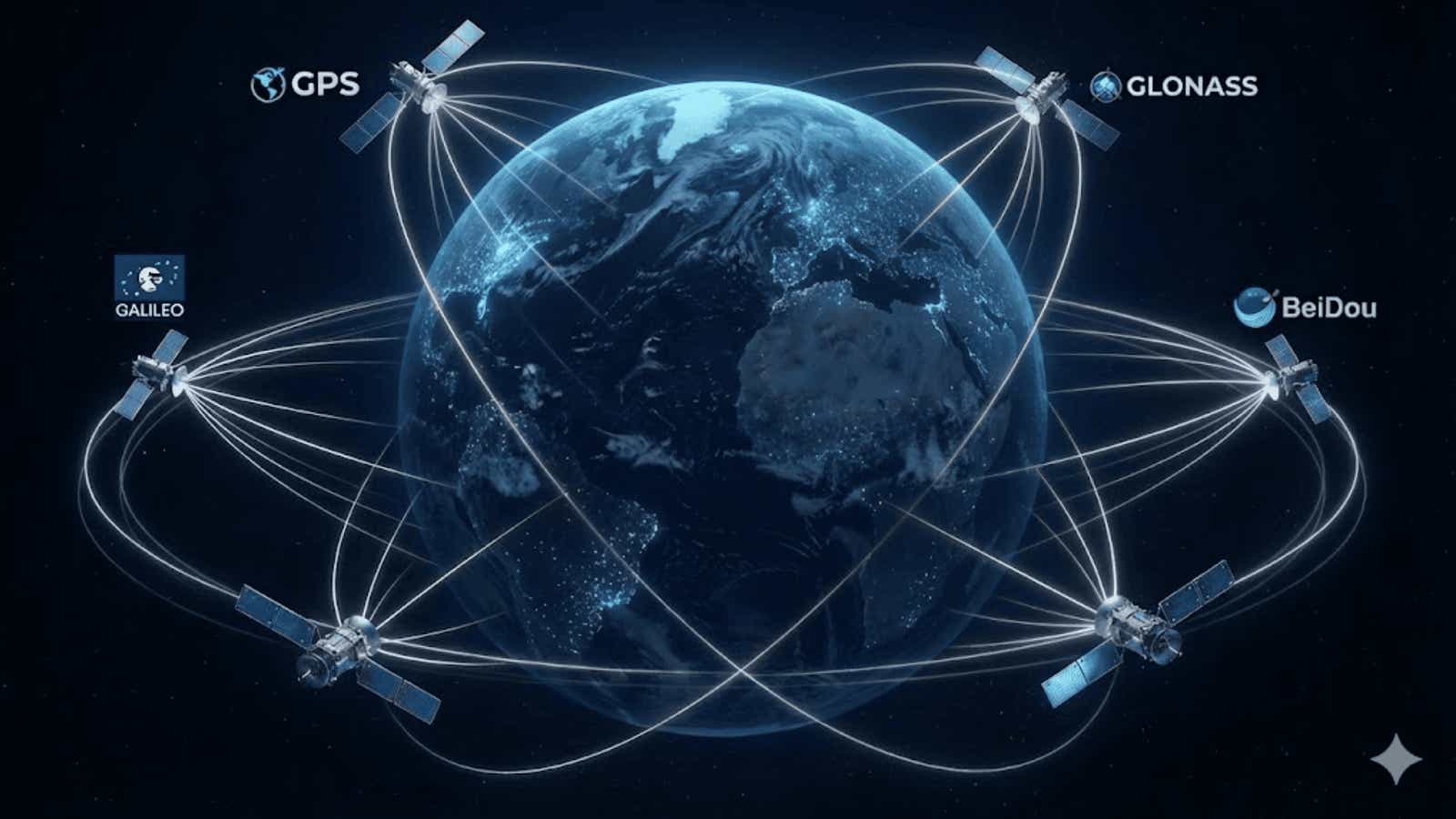 Satellite communication network orbiting Earth with multiple satellites and GPS signals.