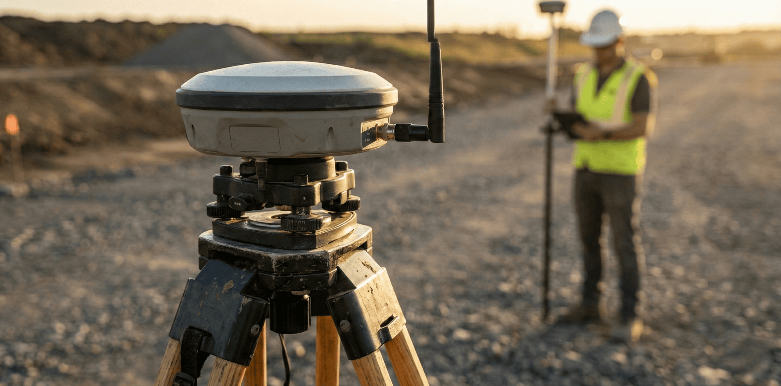 RTK base station with GNSS receiver on tripod in outdoor environment.