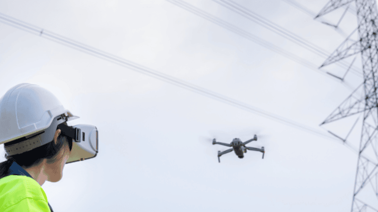 Drone inspecting high-voltage power lines for maintenance and safety.