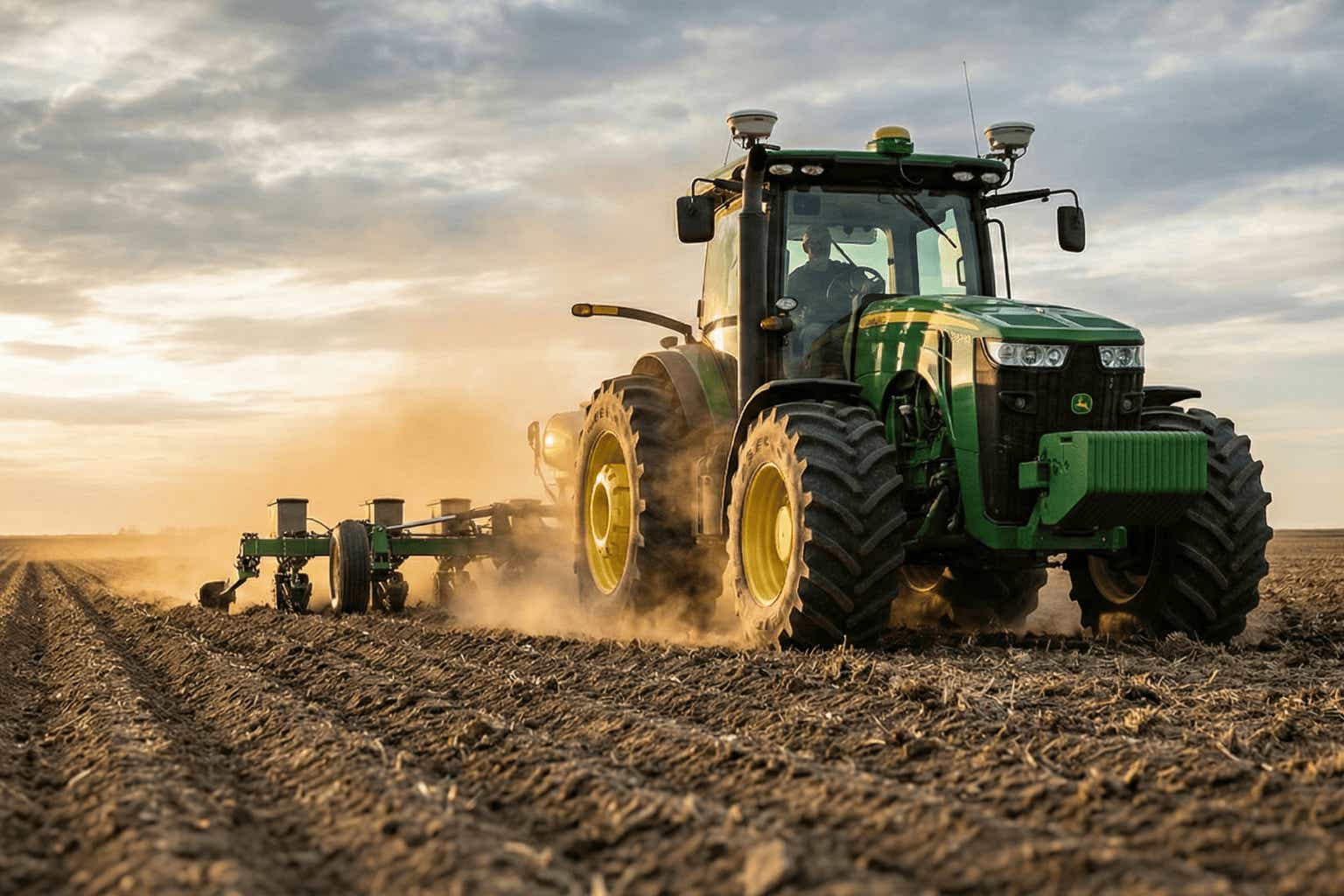 Agriculture tractor working in the field during sunset, preparing soil for planting.