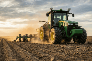 Tractor plowing a field during sunset, showcasing traditional farming methods.