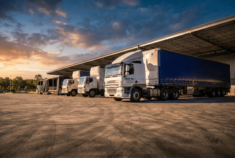 Efficient freight transportation with multiple trucks parked under a large warehouse roof.