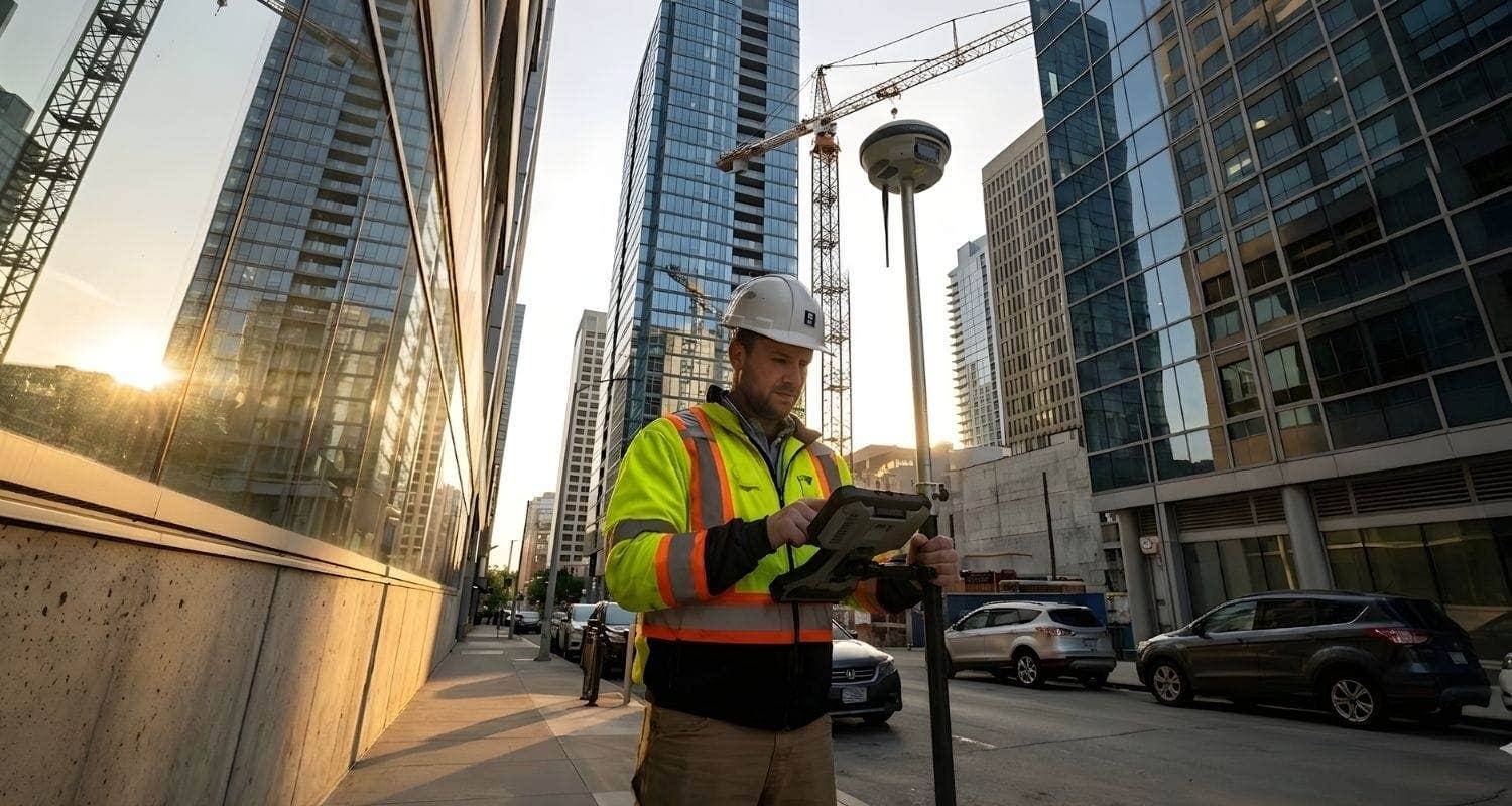 Man with GNSS Receiver in a City