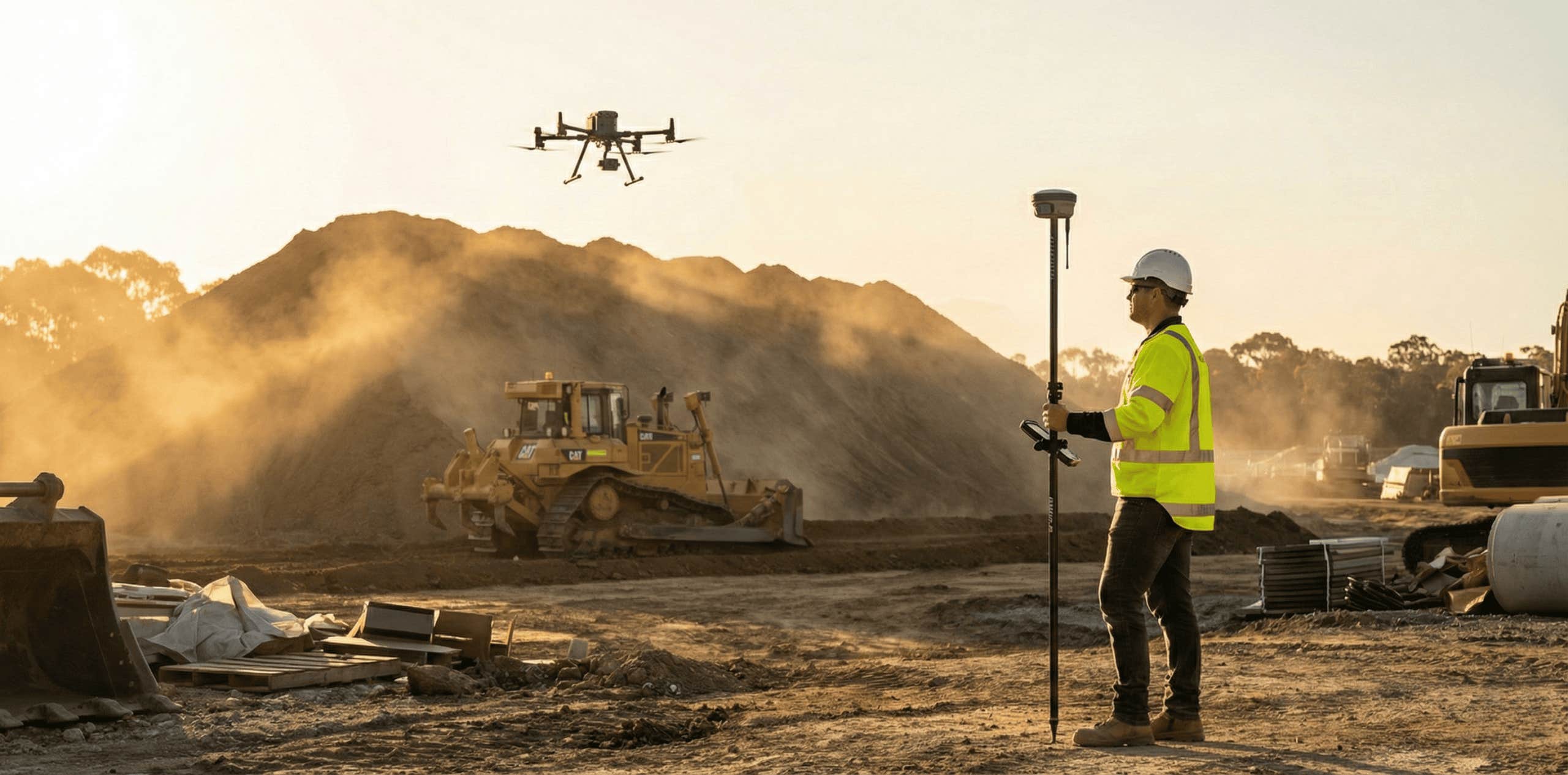 Man with GNSS Receiver and a Drone