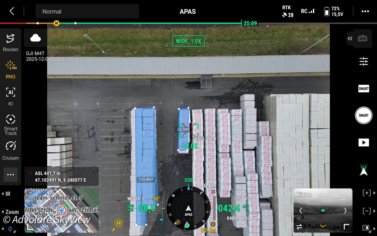 RTK drone survey of industrial storage site with measurement overlay