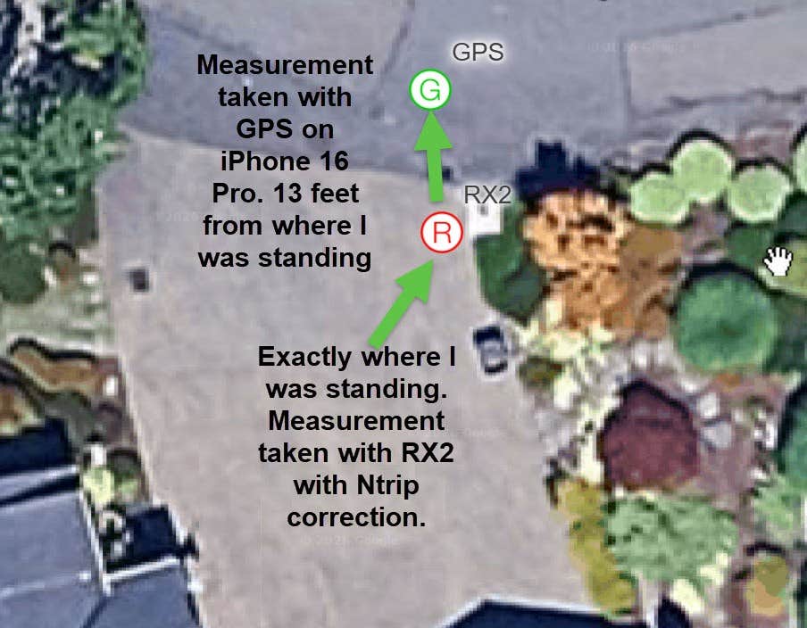 Side-by-side GPS accuracy comparison: Emlid RX2 with RTKdata NTRIP showing exact position versus iPhone 16 Pro GPS showing 13-foot offset