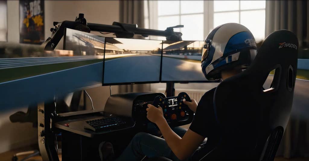 Sim racing cockpit with helmet, steering wheel and triple-monitor setup, the fan-side rig where players join Real-E-Racing's live motorsport digital twin from home