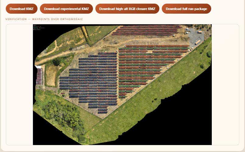 DJI Mavic 3T path following solar panel strings with RTK centimeter accuracy on a Kira string-aligned KMZ flight plan in Brazil, view A