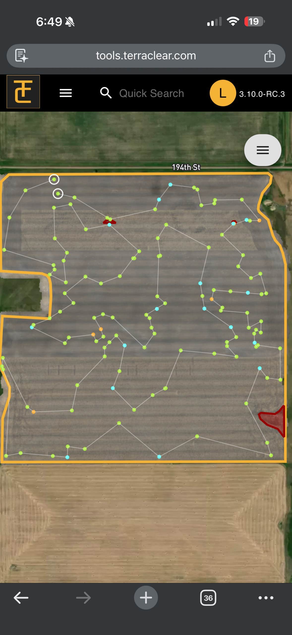 AeroAg Drone Services TerraClear rock-mapping output: aerial mosaic of a South Dakota field with georeferenced rock detections plotted as colored points, captured with DJI Matrice 400 and RTKdata NTRIP RTK corrections