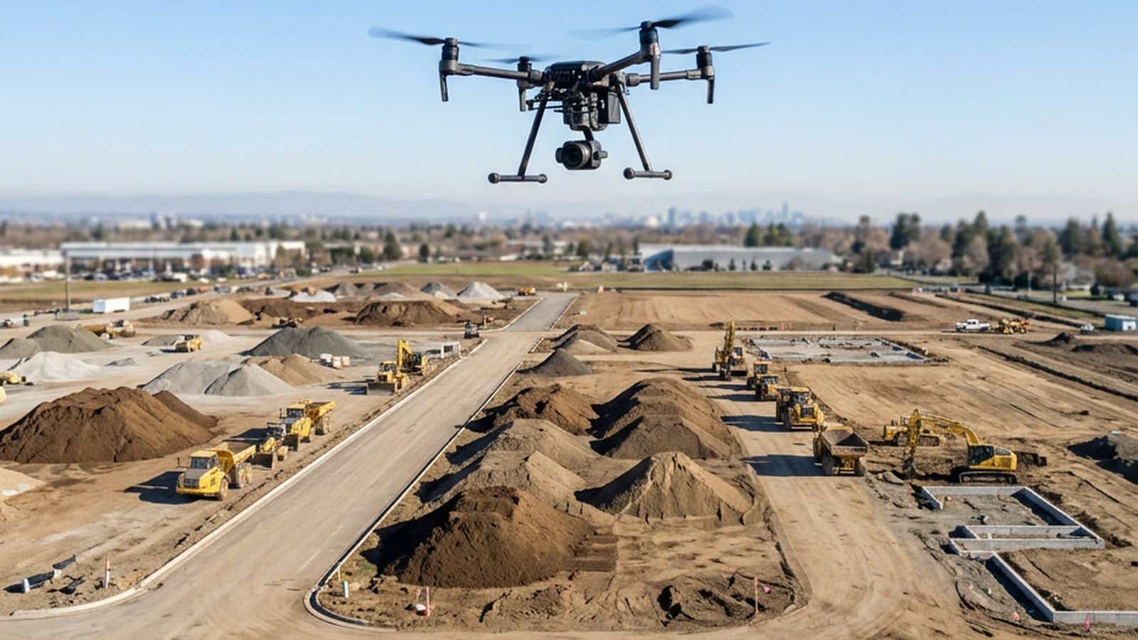 Survey drone hovering over a graded construction site with earthwork stockpiles, haul roads and excavators while a ground surveyor works a total station at the edge of the pad
