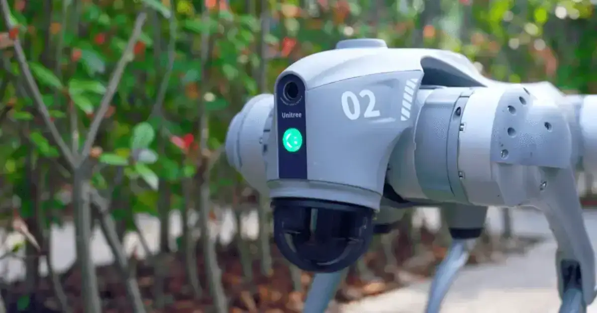 Close-up of a Unitree Go2 robot dog outdoors, the quadruped BASTIDOR uses for construction documentation