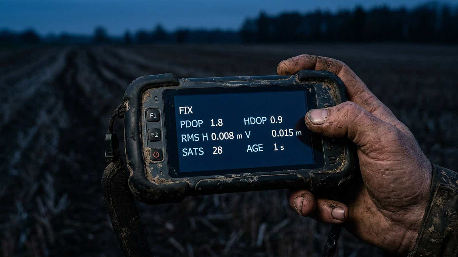 Muddy hand holding a rugged GNSS field controller at dusk, its screen showing an RTK fixed solution with PDOP 1.8, HDOP 0.9 and 8 mm horizontal RMS