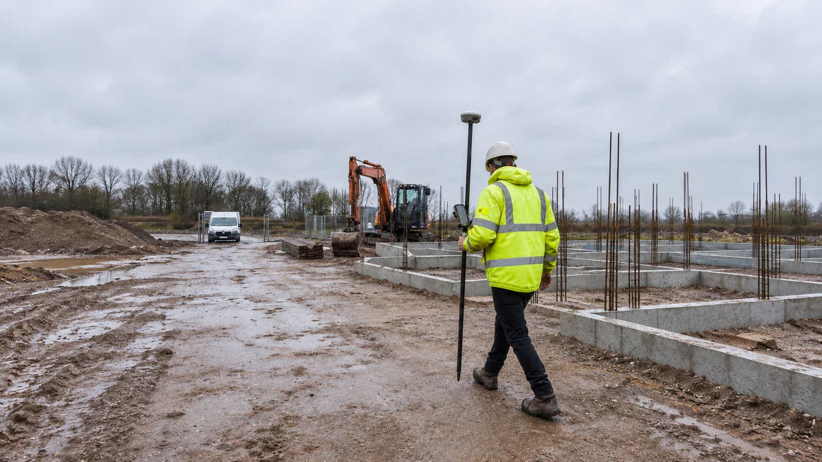 Surveyor in a hi-vis jacket walking a GNSS rover pole across a muddy construction site past concrete footings with rebar, an excavator and a van
