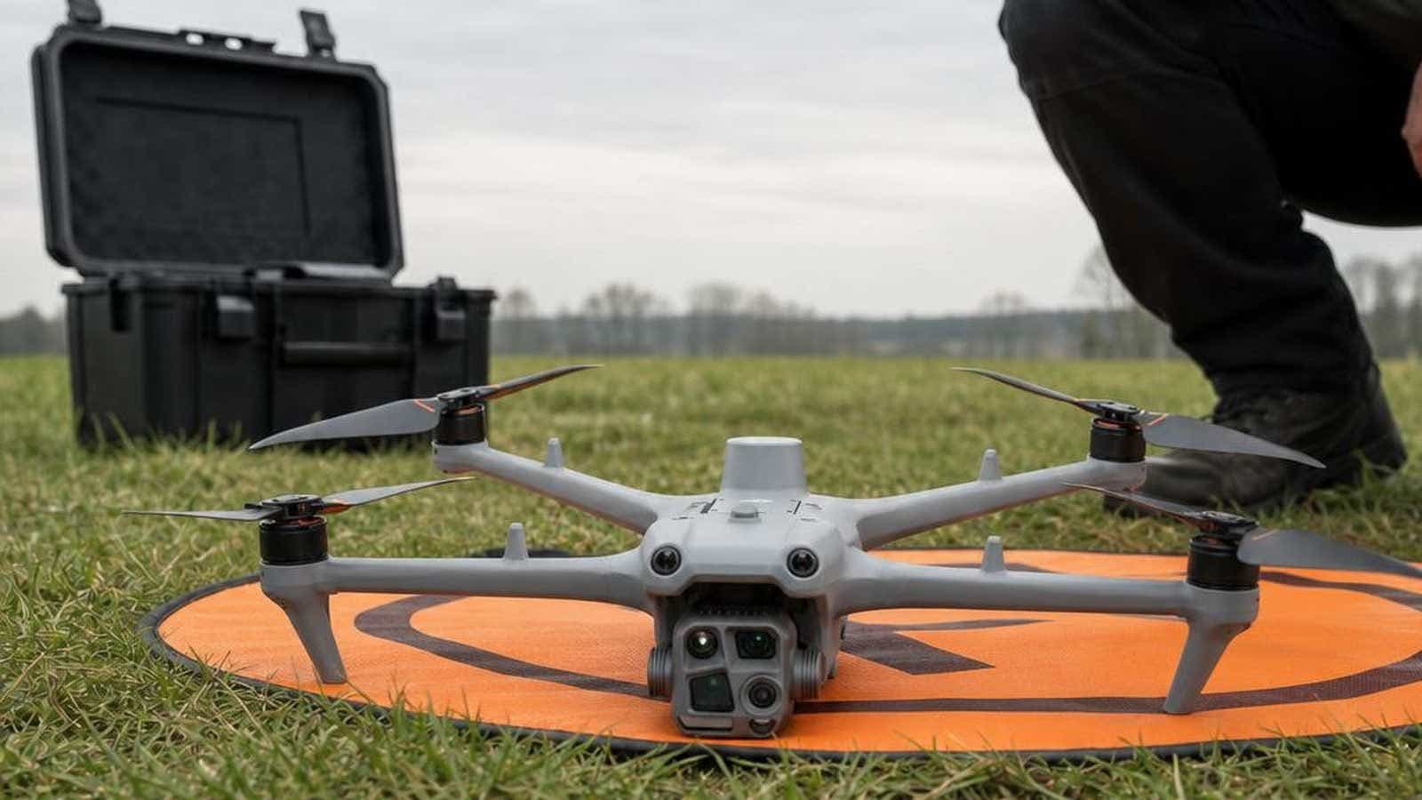 Mapping drone with an RTK module on a landing pad in an open field while the operator kneels beside it with the controller