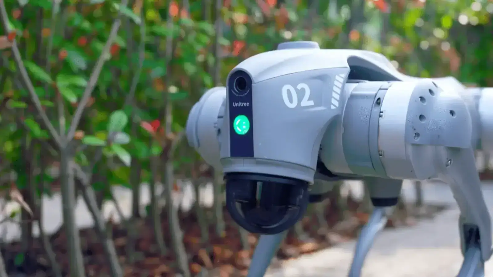 Close-up of a Unitree Go2 robot dog outdoors, the quadruped BASTIDOR uses for construction documentation