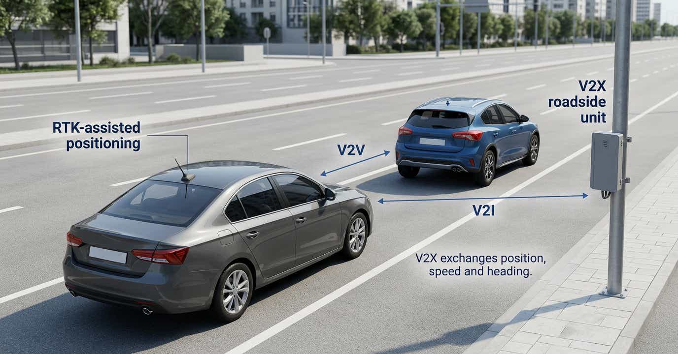 Concept illustration of RTK-assisted vehicle positioning, vehicle-to-vehicle communication and a V2X roadside unit.