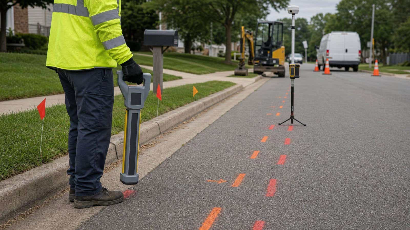 Illustration of an underground utility locator held above red and orange locate marks on a suburban street, with an RTK GNSS rover pole standing on the red line.