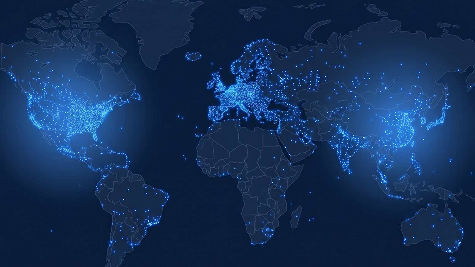 World map of GNSS reference stations, the kind of network that ties WGS84, NAD83 and ITRF coordinates together